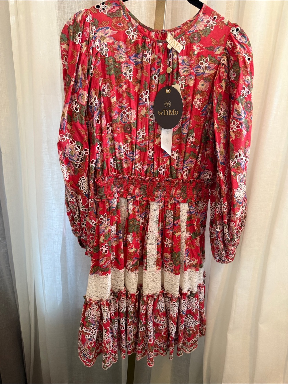 Girls Red Floral Lace-Trim Casual Dress